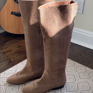 Kelsi Dagger tan snakeskin knee-high boots